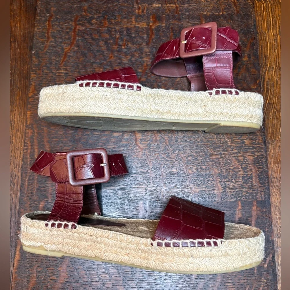 Vince Edina Nut Brown Croc Embossed Leather Platform Espadrille Sandal Size 7